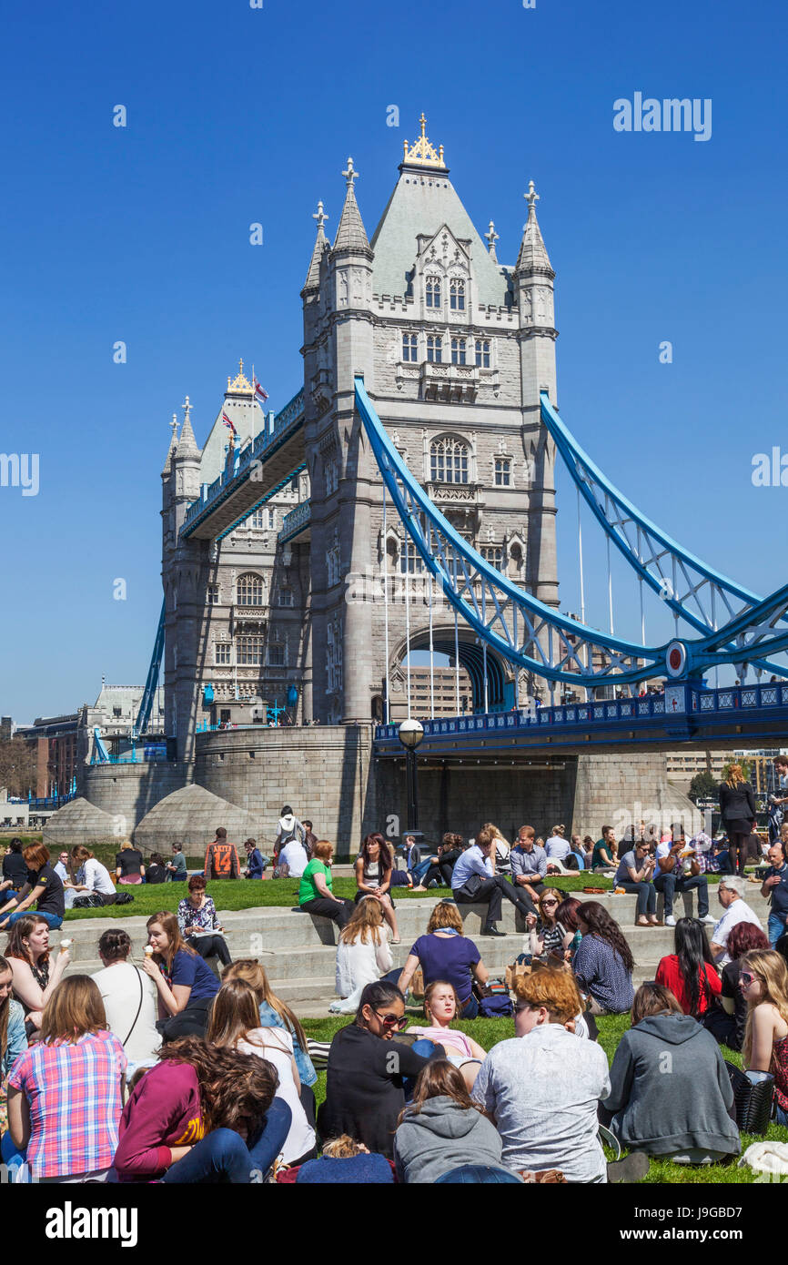 England, London, Southwark, People Relaxing in Potters Field and Tower