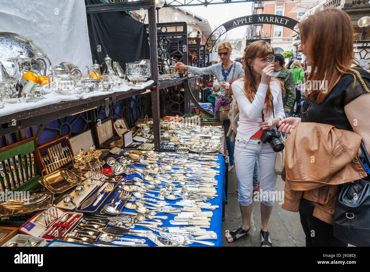 England, London, Covent Garden, Antique Silverware Display Stock Photo