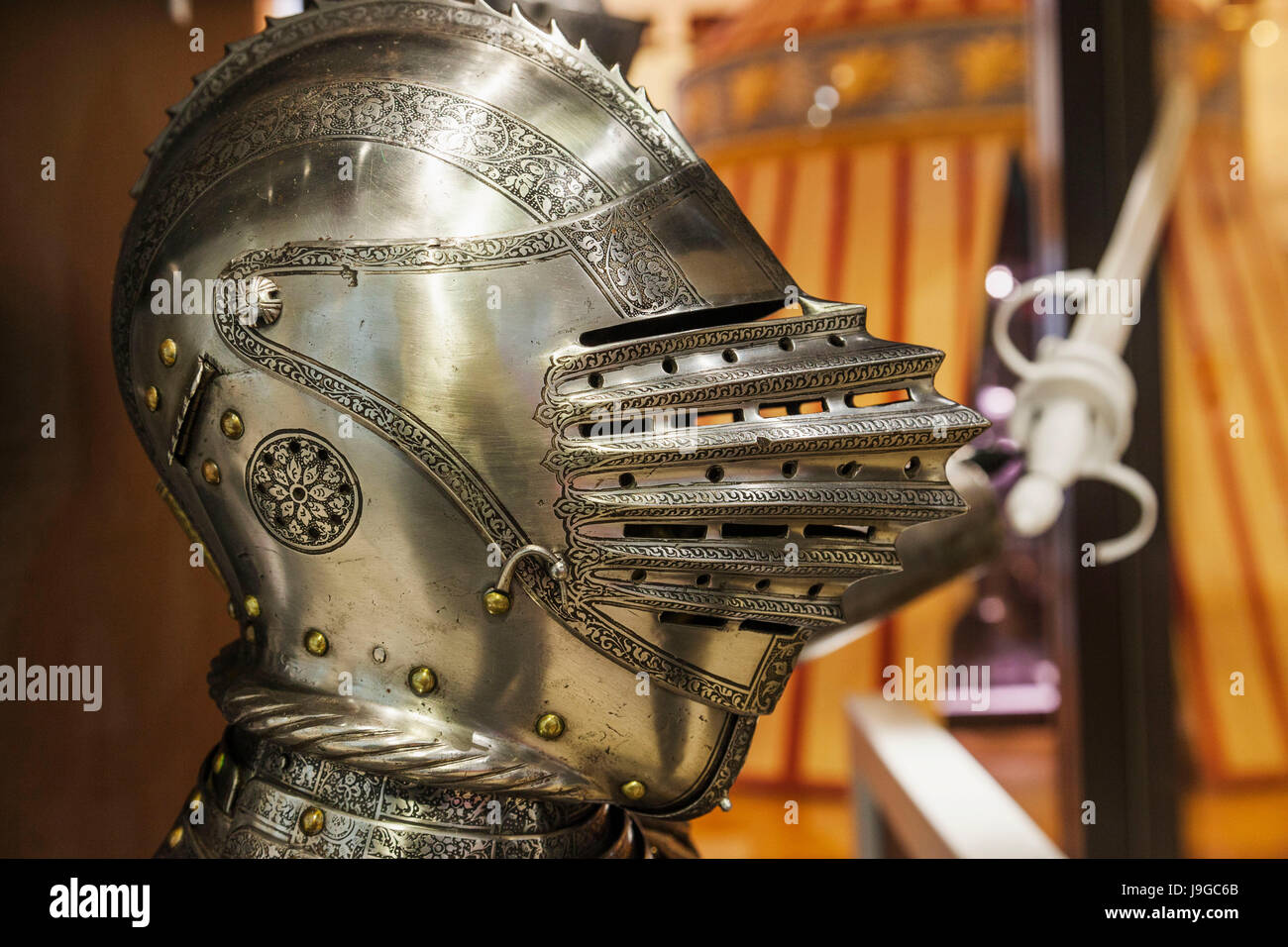 England, West Yorkshire, Leeds, Royal Armouries, Medieval Helmet Stock