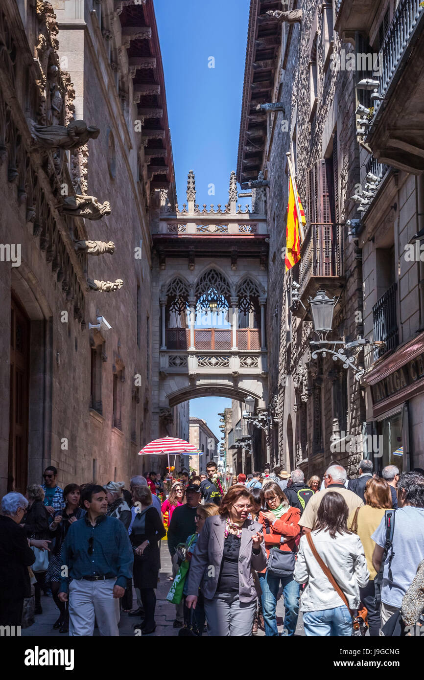 Spain, Catalunya, Barcelona City, Barrio Gotico, Bishop Street, Carre del Bisbe, Stock Photo