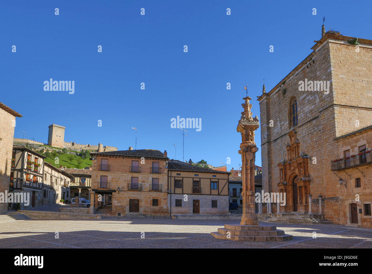 Spain, Castilla Leon Community, Burgos Province, Peñaranda de Duero City, Mayor Square, Santa Ana Church and Castle, Stock Photo