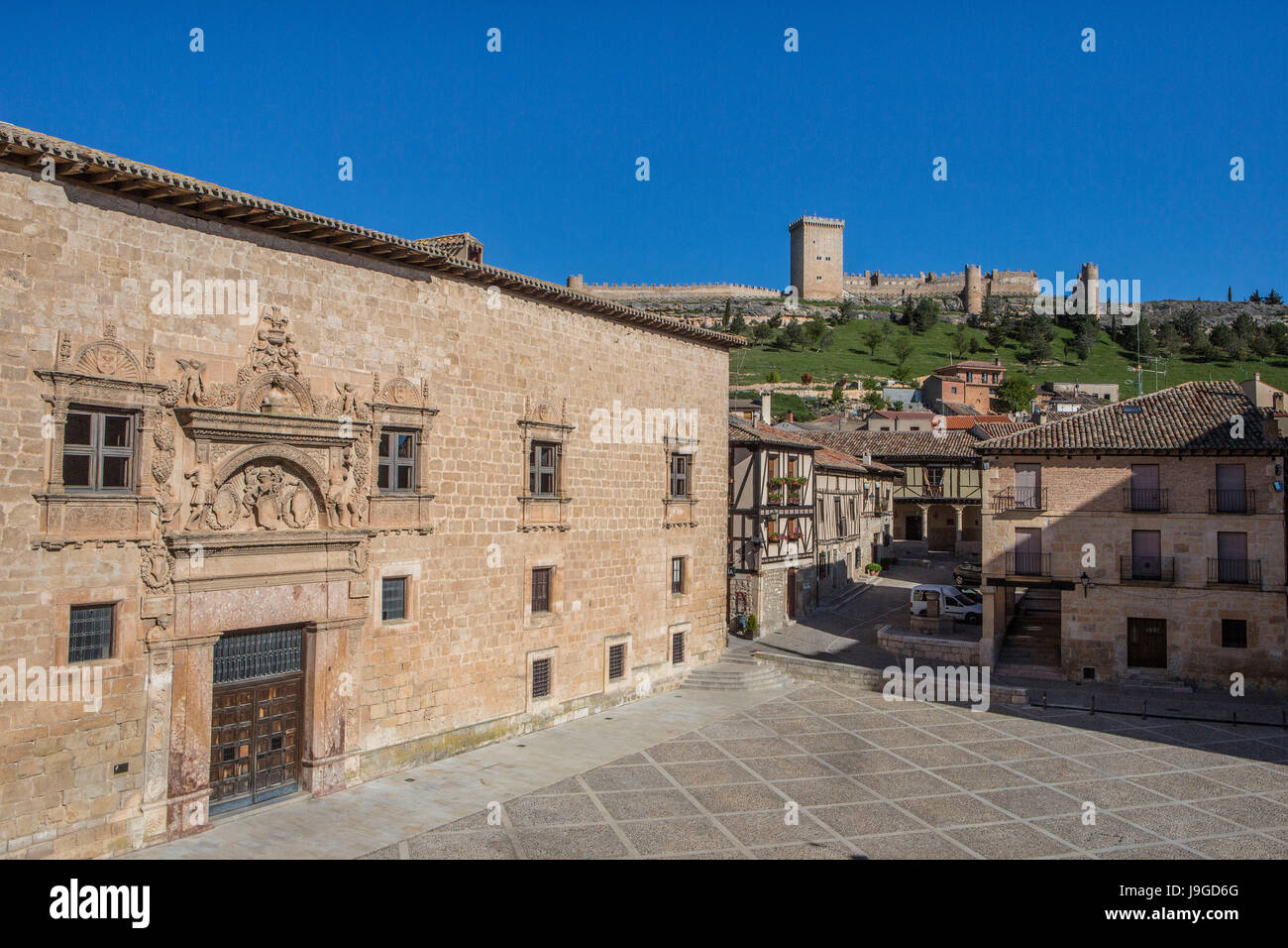 Spain, Castilla Leon Community, Burgos Province, Peñaranda de Duero City, Mayor Square, Avellaneda Palace and Castle, Stock Photo