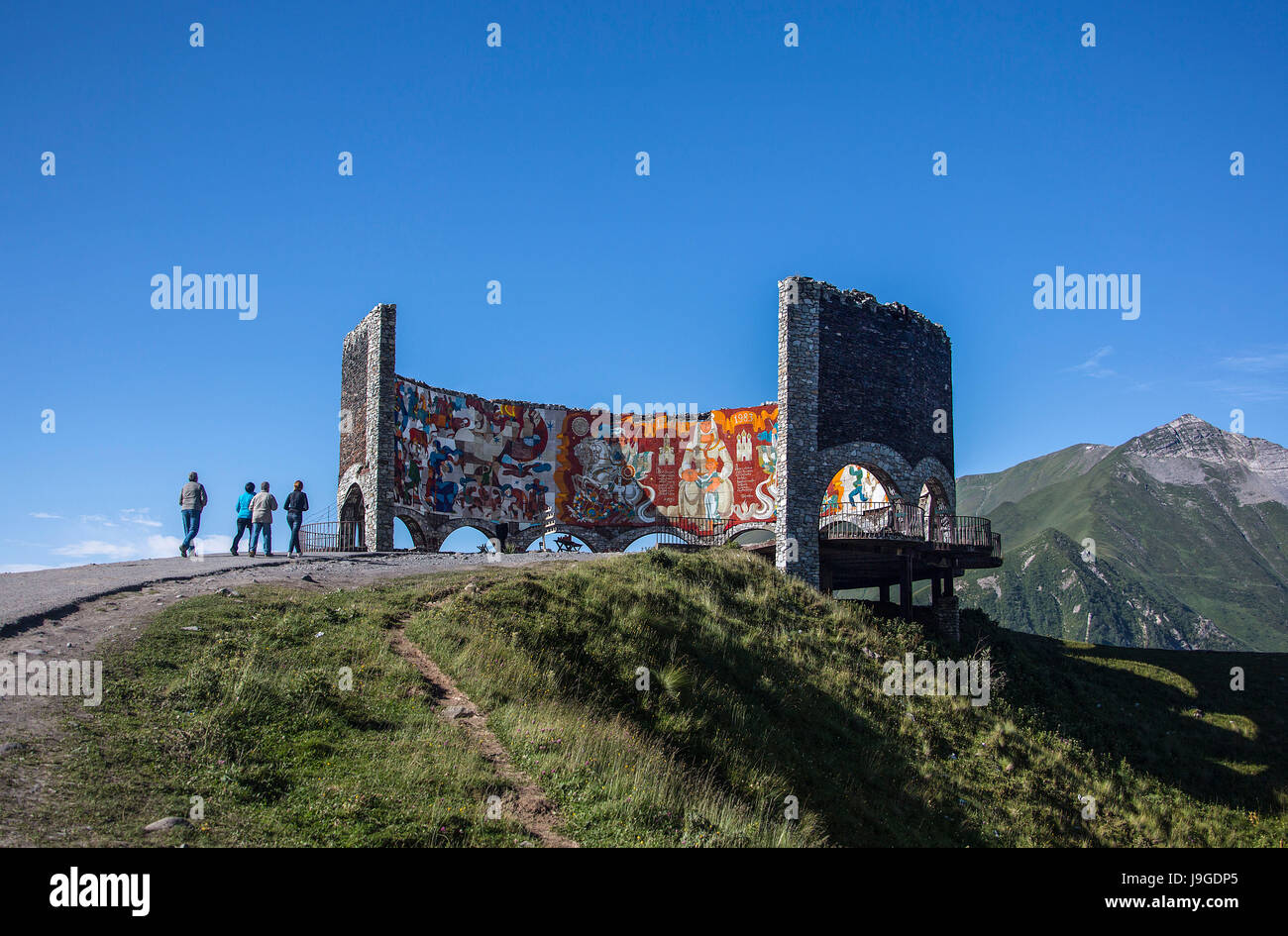 Georgia, Gudauri, Russian and Gorgia friendship Monument, Caucasus Range, Stock Photo