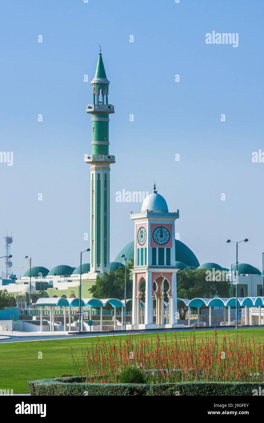 Qatar, Doha City, The Clock Tower and Grand Mosque Minaret Stock Photo