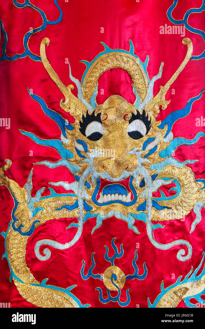China, Hong Kong, Detail of Embroidery depicting Chinese Dragon Stock Photo