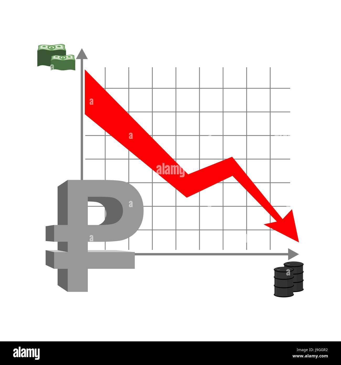 Graph fall ruble. Russian currency flies down. Quotation mark Russian