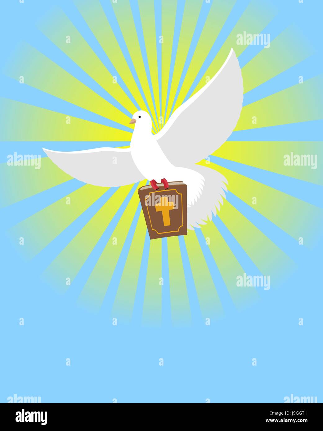 Dove and Bible. Holy Bible in its paws White pigeon. Background of divine light. Big book of God. White Dove symbol of human soul Stock Vector