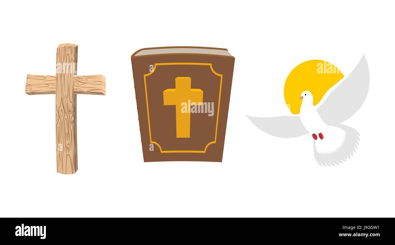 Holy Bible, wooden cross and White Dove Christian symbol set. Old ...