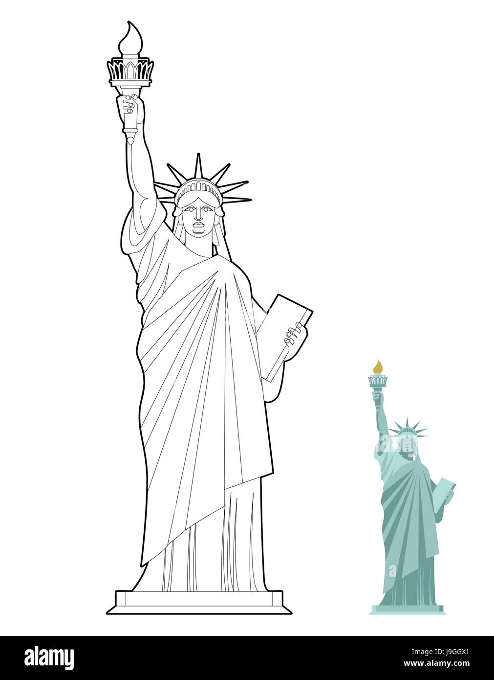 Statue of Liberty coloring book. Symbol of freedom and democracy in USA. Monument of architecture in linear style. Sculpture in New York, America Stock Vector