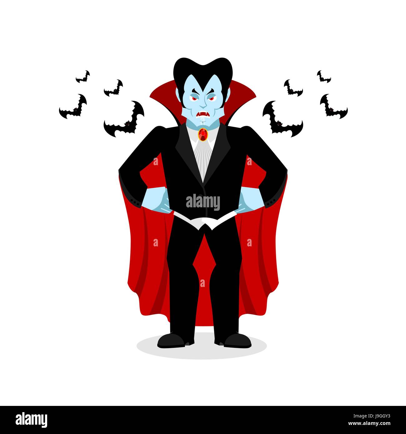 Angry Dracula. Evil Vampire. Aggressive ghoul in black cloak and bat Stock Vector
