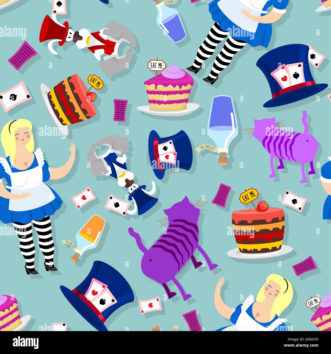 Alice in Wonderland pattern. Fat woman and Cheshire cat. Rabbit in hat. Cylinder is Mad Hatter. Magic Potion and piece of cake Stock Vector