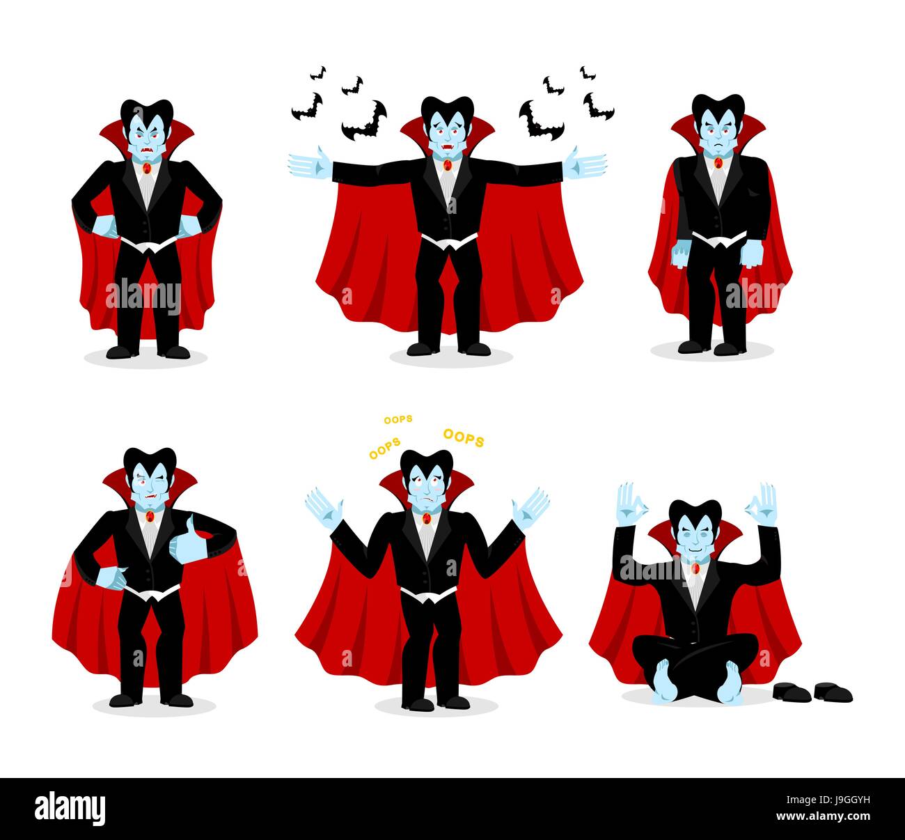 Dracula set of movements. Vampire collection of poses. ghoul expression of emotion. Cheerful and surprised. Angry and happy Stock Vector