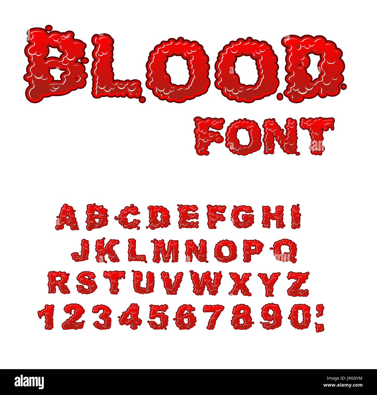 Blood font. Red liquid letter. Fluid lettring. Bloody ABC of scarlet sign. Alphabet gore Stock Vector