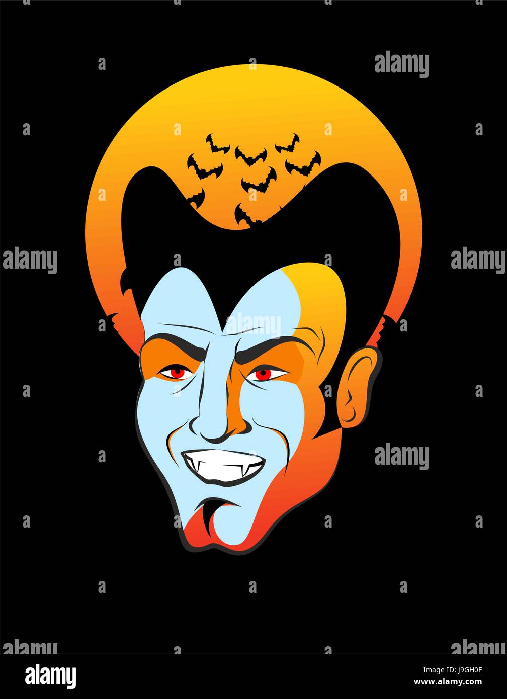 Count Dracula and moon. Vampire bats. head of bloodthirsty ghoul Stock Vector