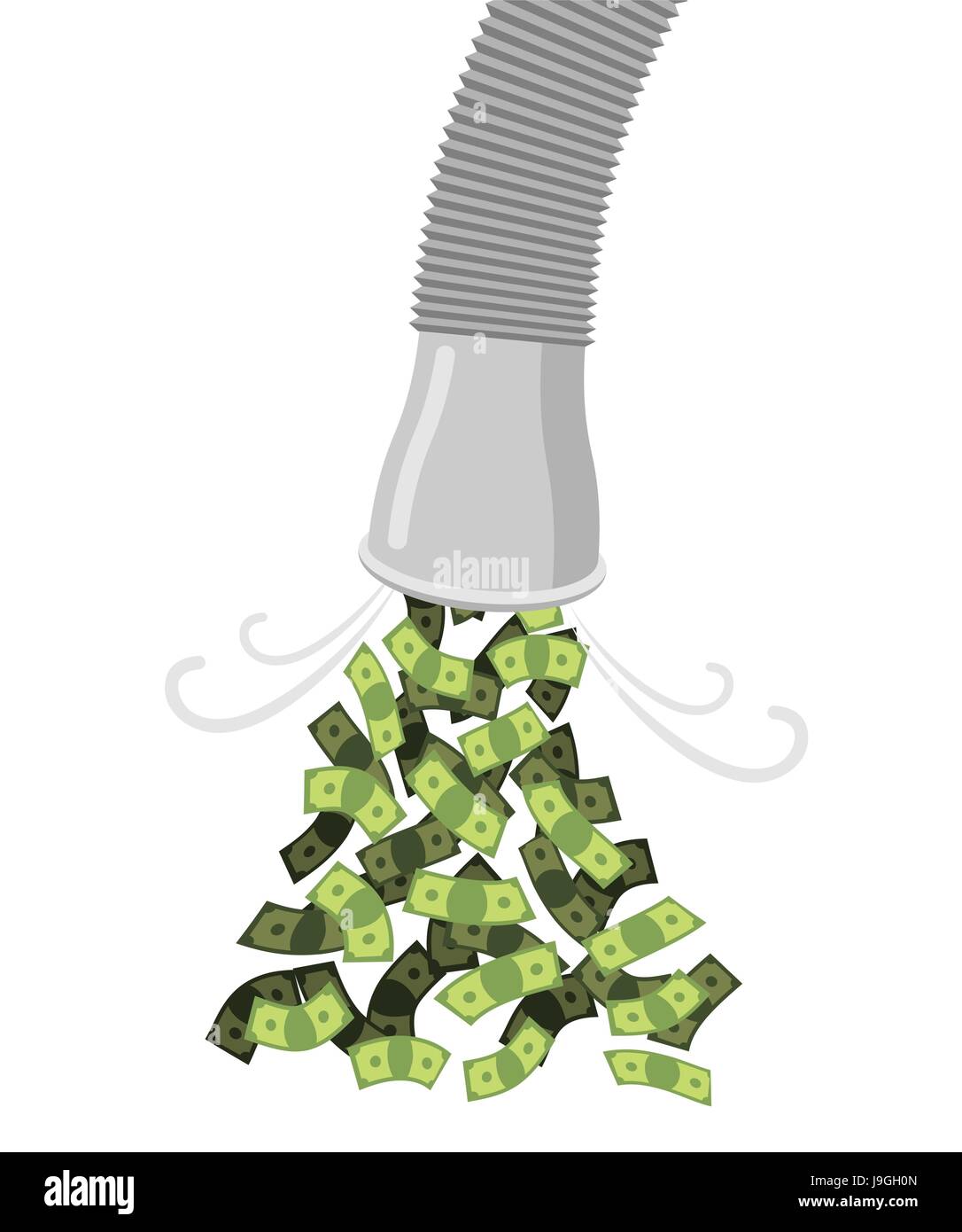 Pipe with money. Cash flow from tubing. Dollars flow. Endless Profits Stock Vector