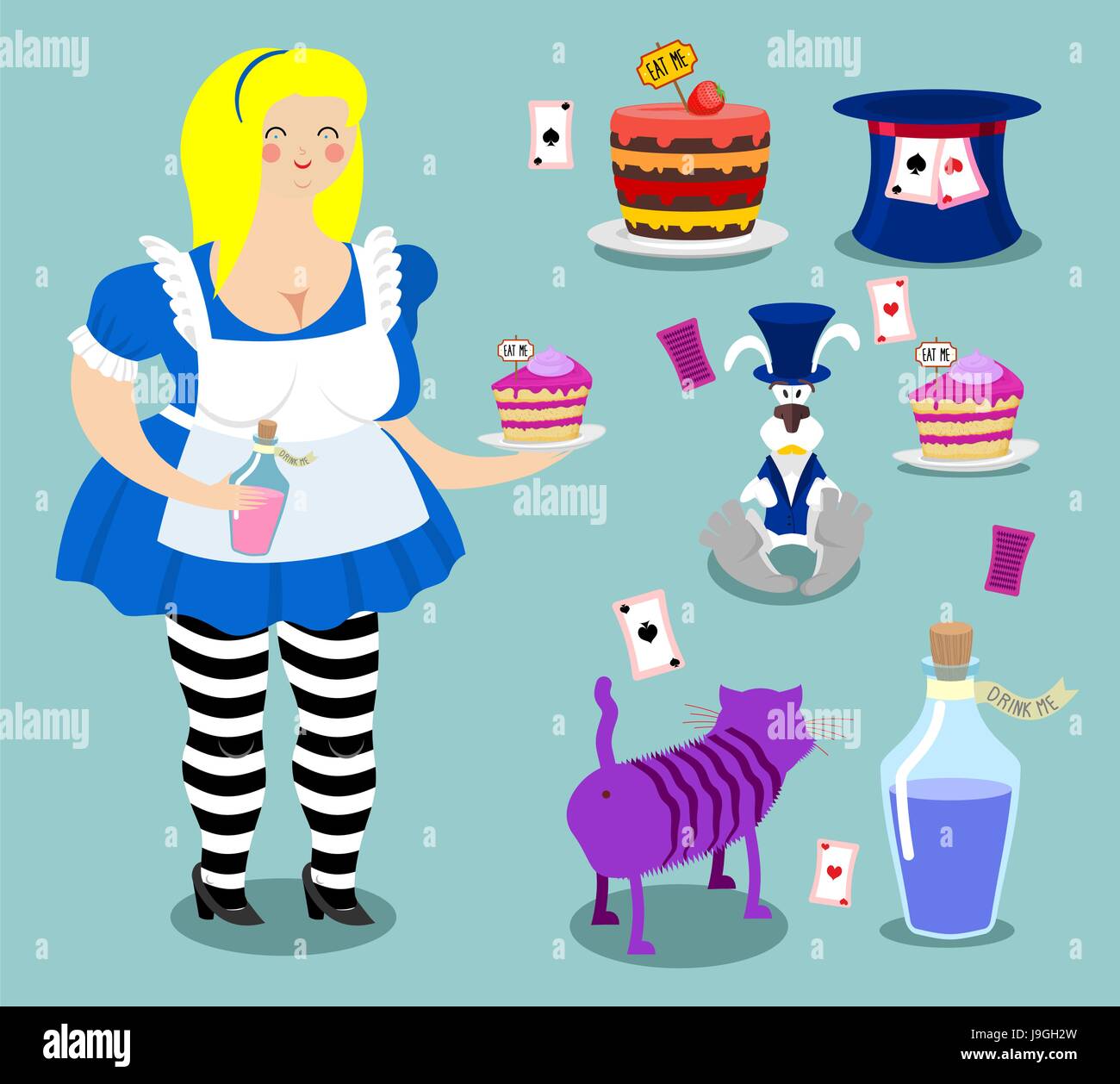 Alice in Wonderland icon set. Fat woman and Cheshire cat. Rabbit in hat. Cylinder is Mad Hatter. Magic Potion and piece of cake Stock Vector