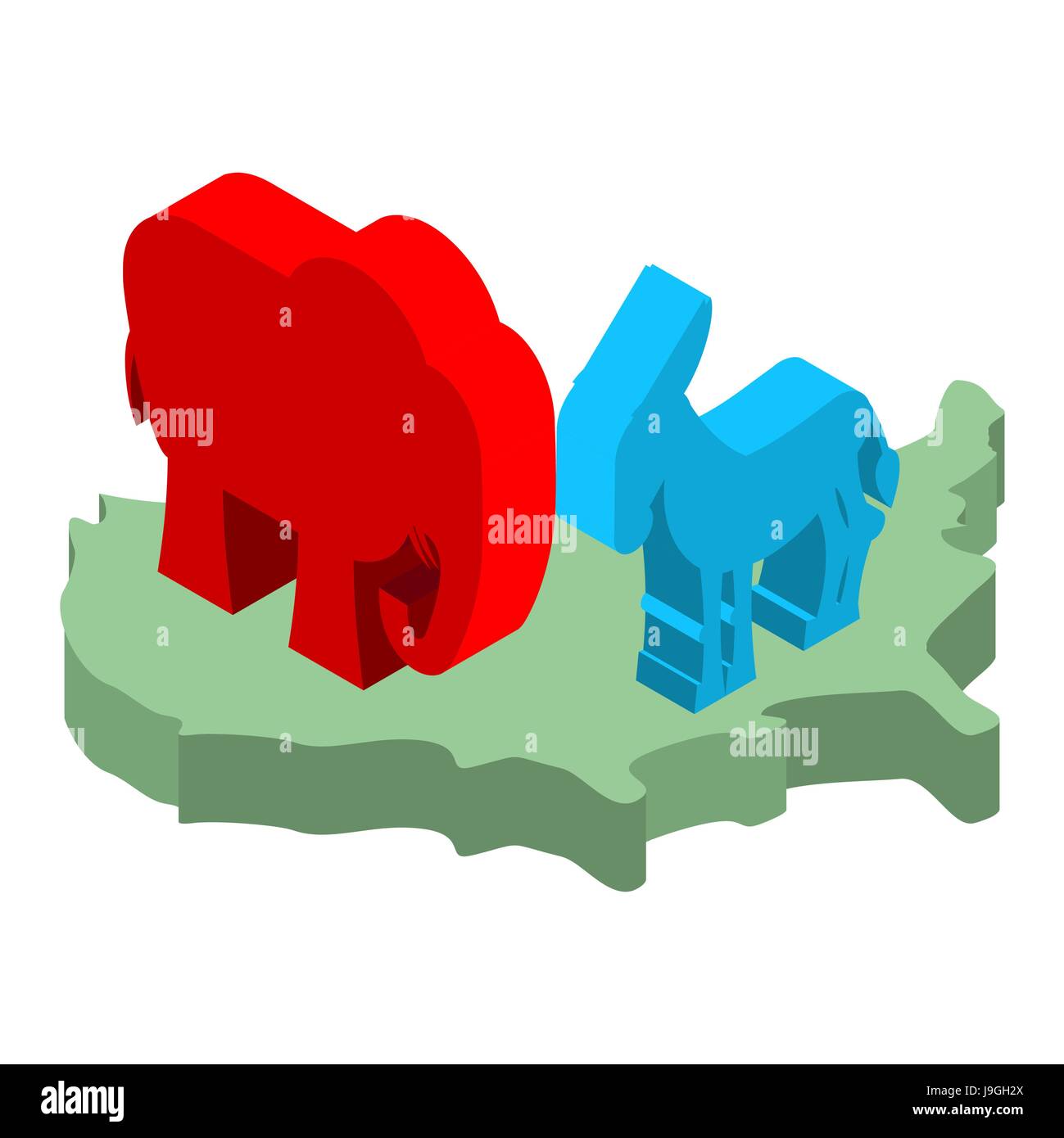Elephant and donkey on map of America. Symbols of USA political party ...