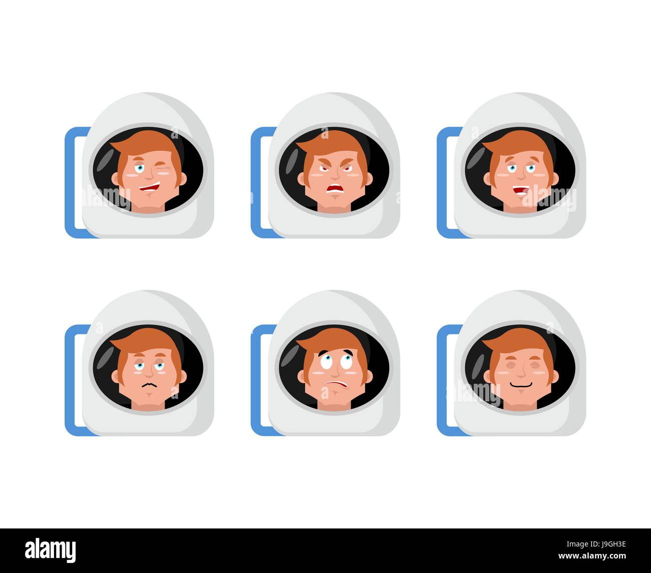 Emotions astronaut. Set expressions avatar spaceman. Good and evil. Surprise and fun. Sad and aggressive. Space helmet Stock Vector