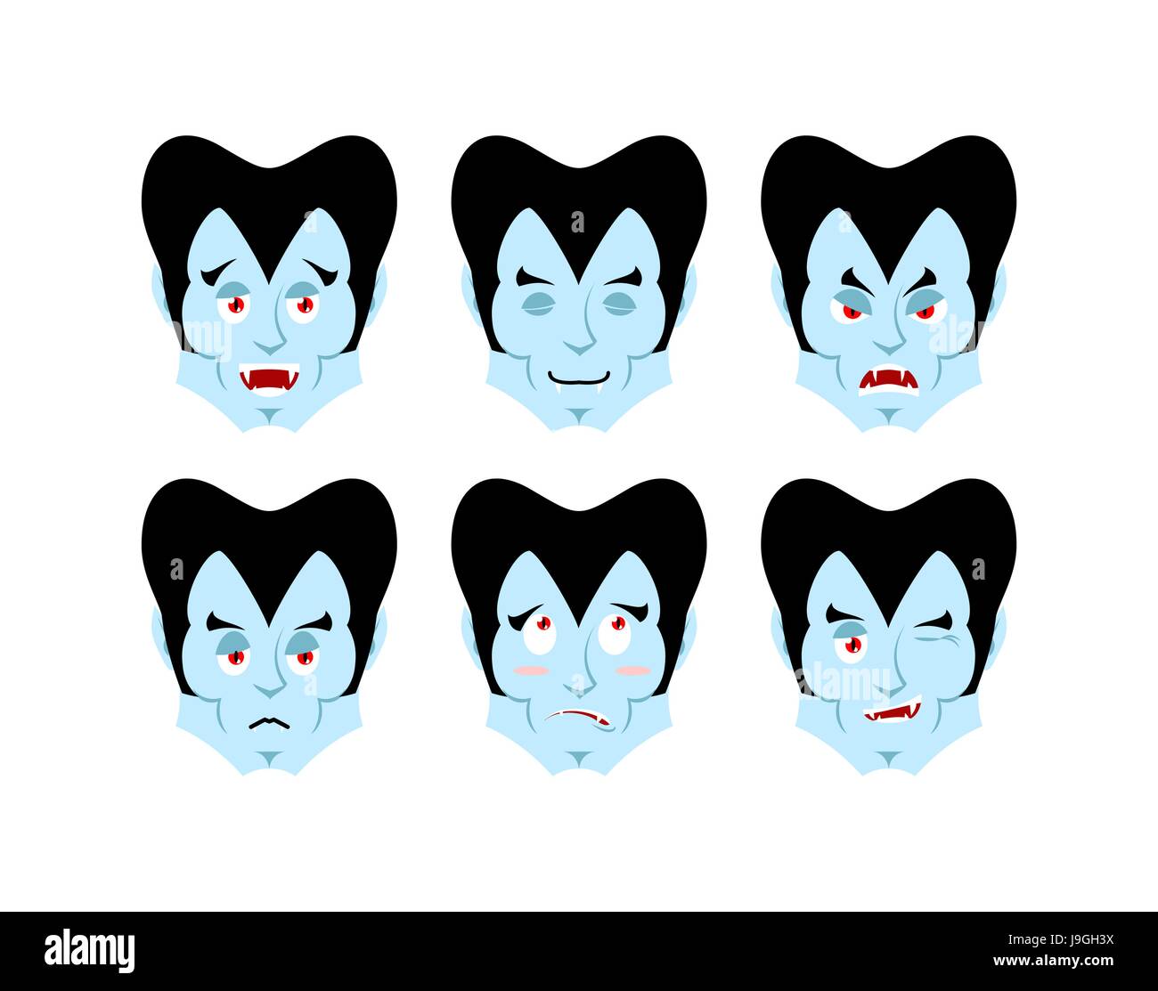 Dracula Emotions. Set expressions vampire avatar. Good and evil. Surprise and fun. Sad and aggressive ghoul Stock Vector