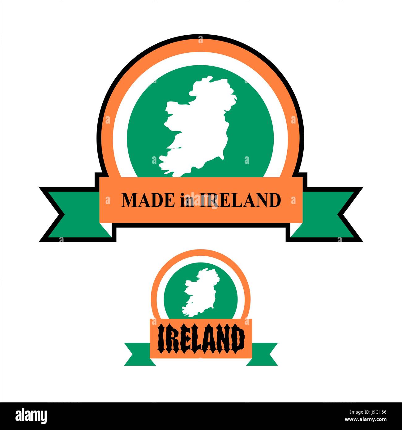 Made in Ireland. logo for product. Map of Ireland and Ribbon with
