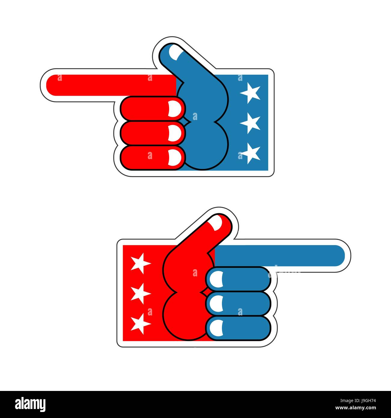 Foam Finger USA patriot. American hand symbol. Expression of emotions. Pattern of flag of America Stock Vector