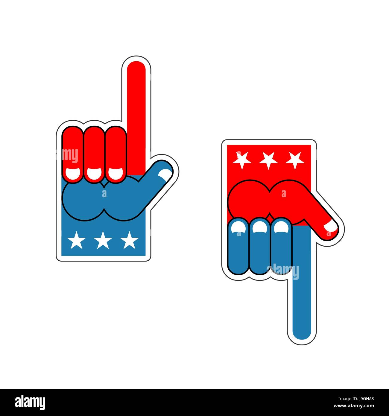Foam Finger USA patriot. American sports symbol. Expression of emotions. Pattern of flag of America Stock Vector