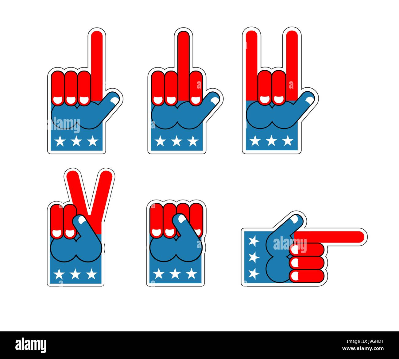 Foam Finger USA patriot. American sports symbol. Expression of emotions. Pattern of flag of America Stock Vector