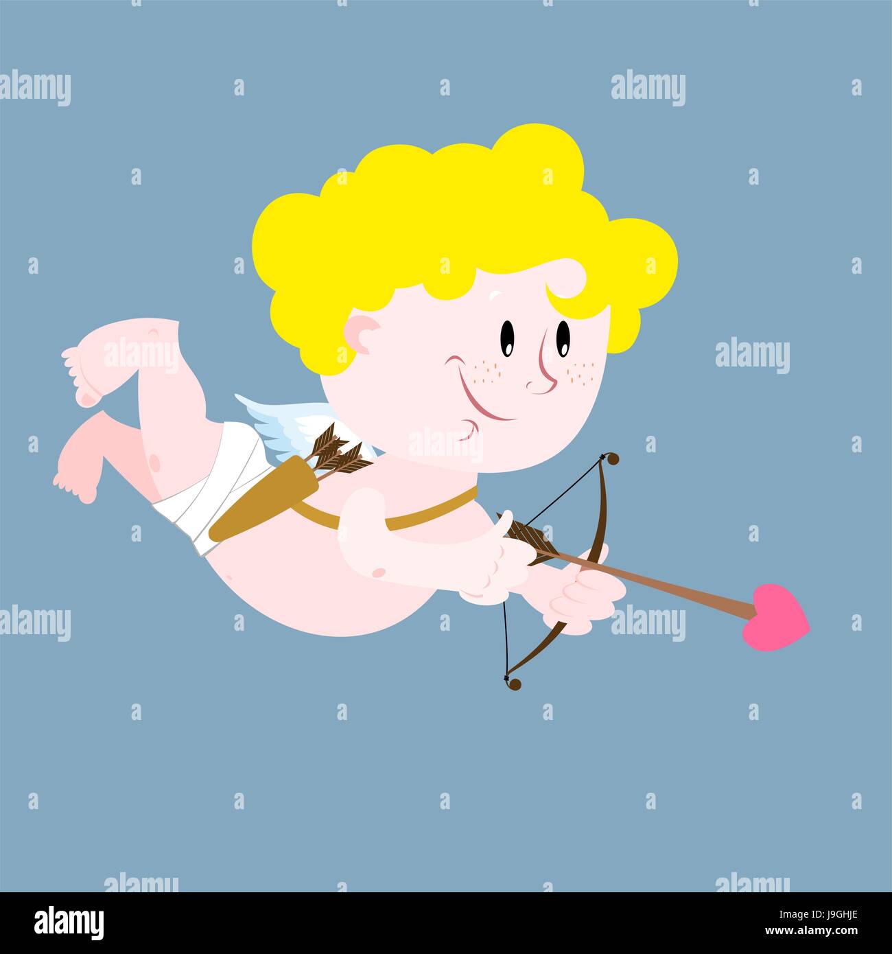 Cupid Angel of love. Little Cupid with wings. Cute Angel with golden hair. Bow and arrow. Arrow of love. Illustration for Valentine's day. Stock Vector