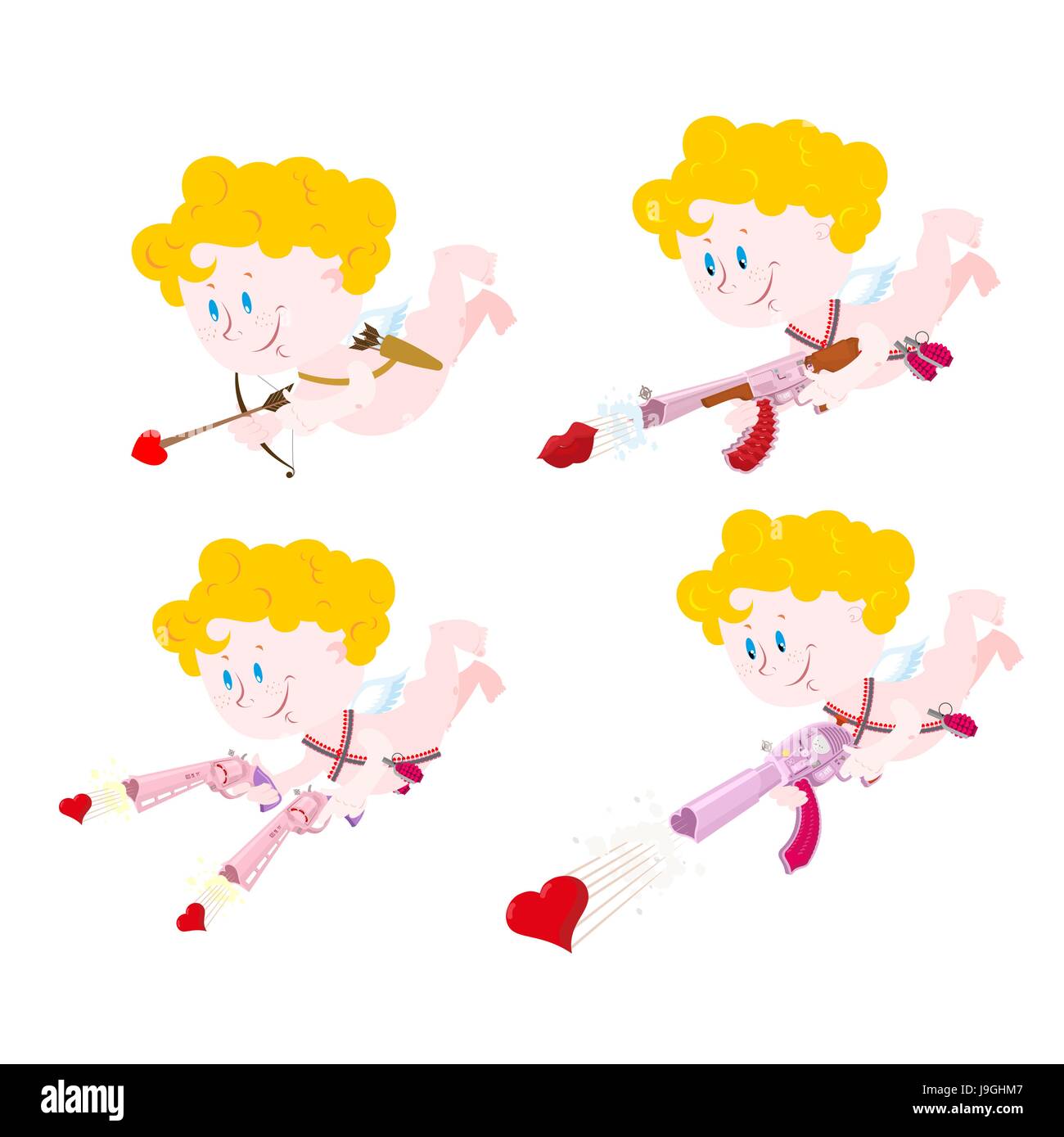Cupid set. Cupid with bow and arrow of love. Love gun. Automatic pistol for hunting on 14 February. Funny cute Angel. Little Holy child with wings. Stock Vector