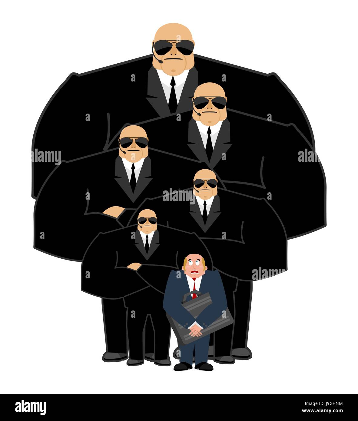 Bodyguard Services and businessman with suitcase. VIP protection. Black suit and hands-free. Strong Security on white background. customer protection  Stock Vector