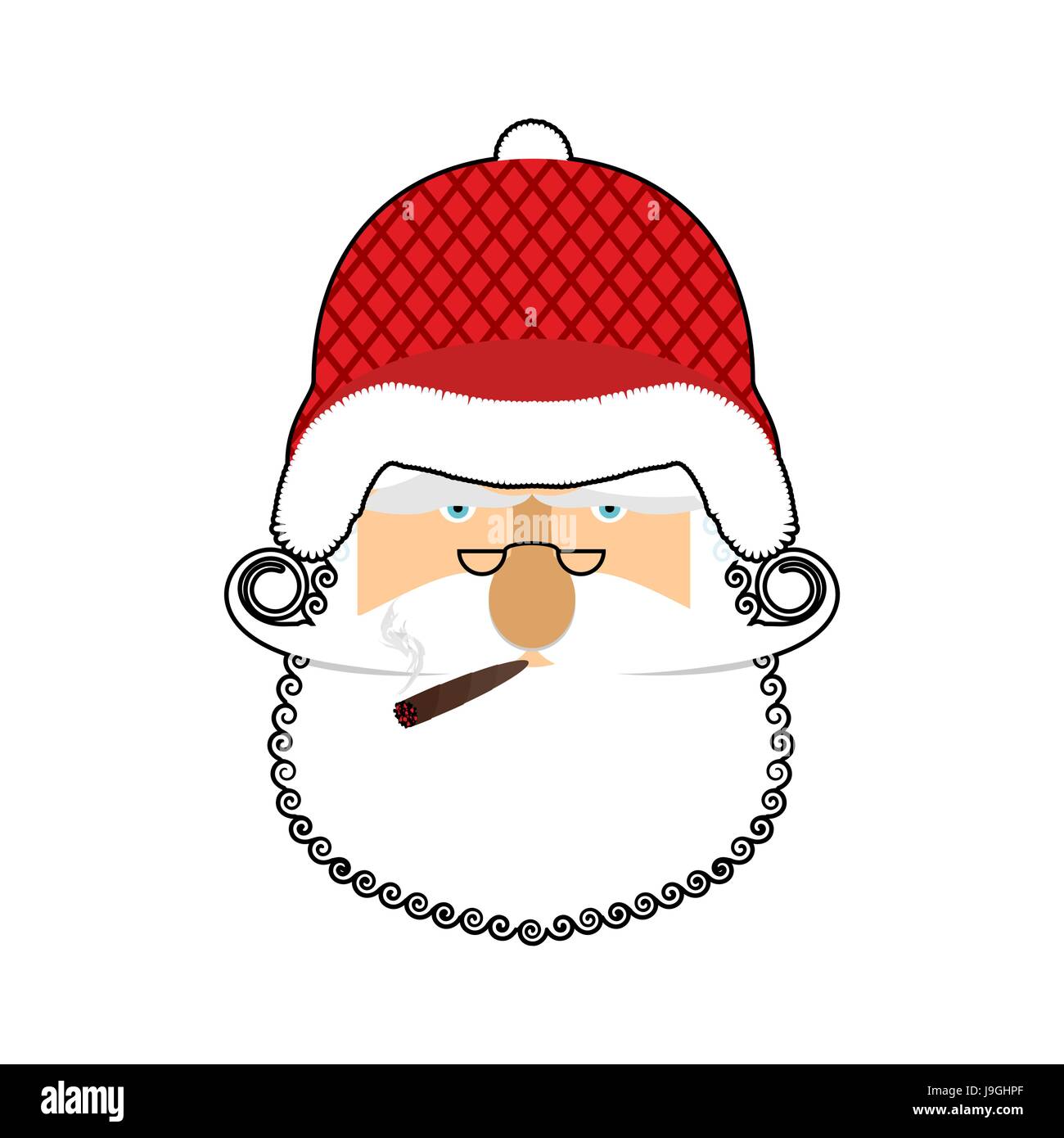 Santa Soldier face. Army Claus head. Christmas War. Defender of new year. Grandfather with beard and mustache. Xmas veteran trooper. Red soldiers helm Stock Vector