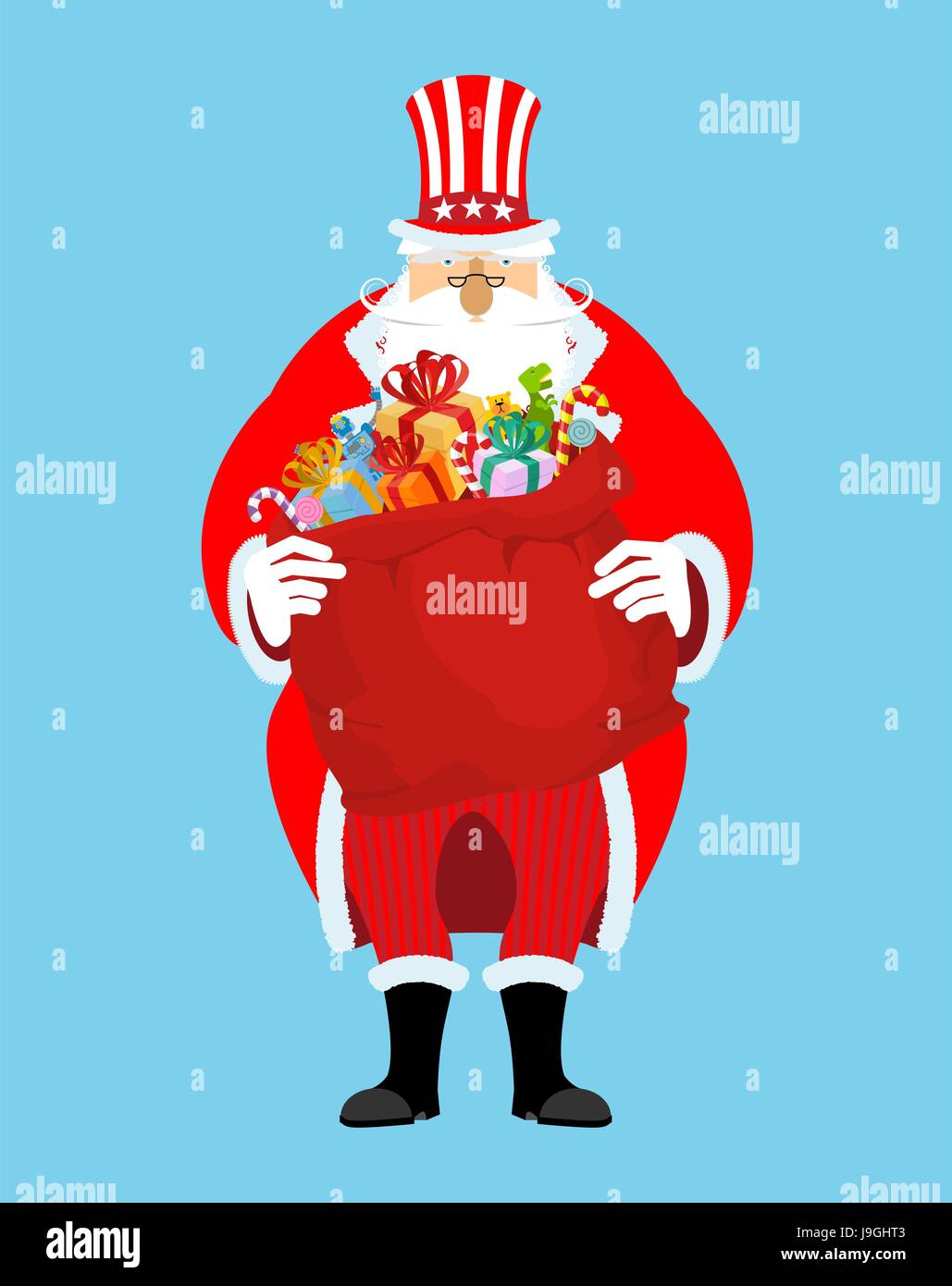 Santa Uncle Sam. American Christmas Claus. Winter cylinder. Patriotic grandfather white beard. US National new year hero Stock Vector