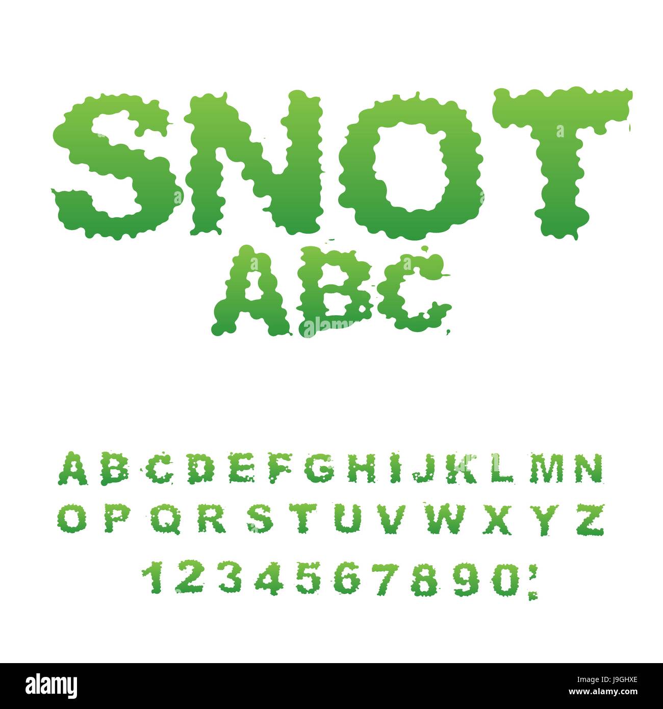 Snot font. Snivel alphabet. Green slime letters. Booger ABC. Slippery lettering. Mucus typography Stock Vector