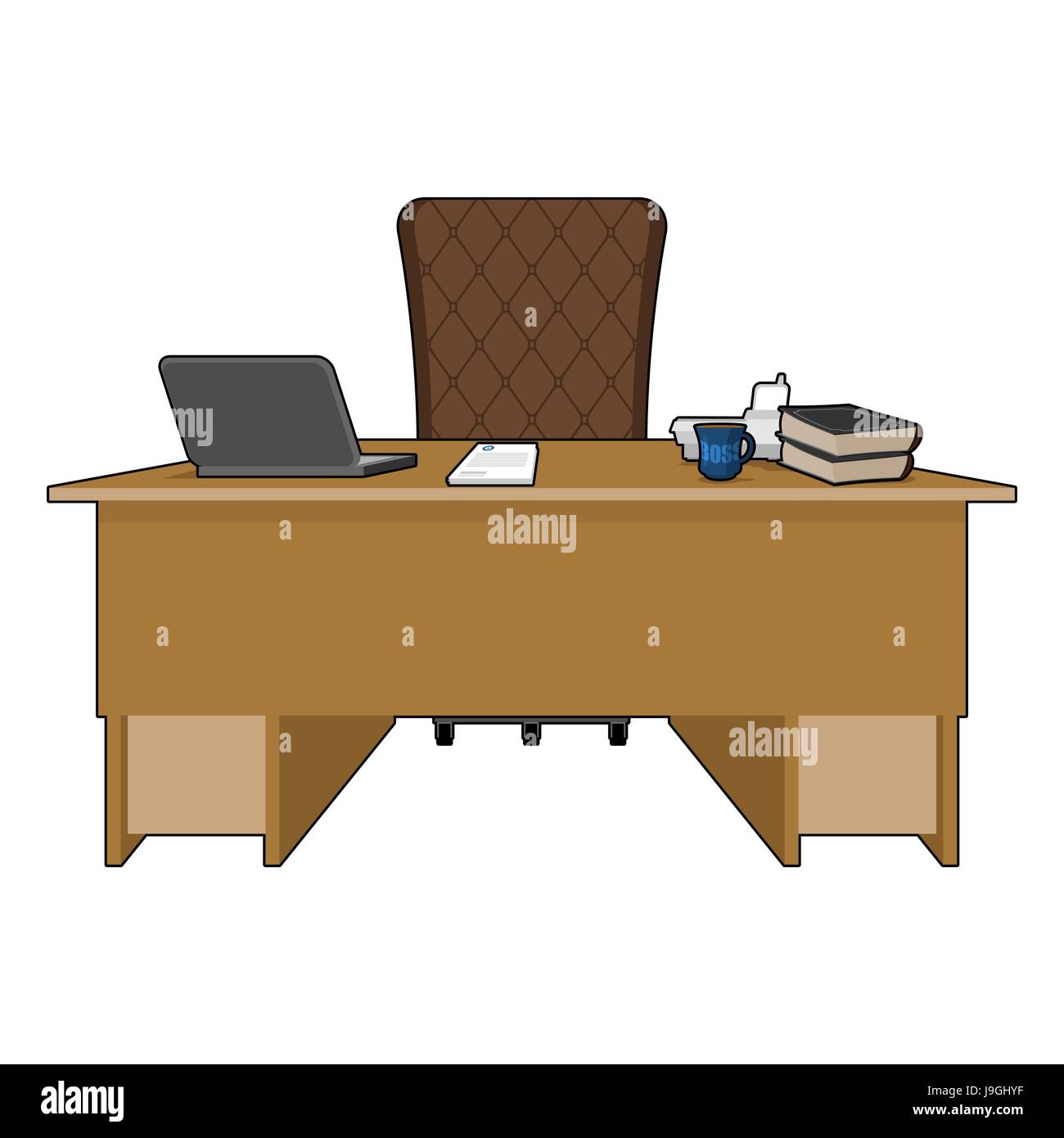 Boss table. Business office. leader supervisor. Director desktop. Laptop and phone. Cup of coffee and Chair. chief job Stock Vector