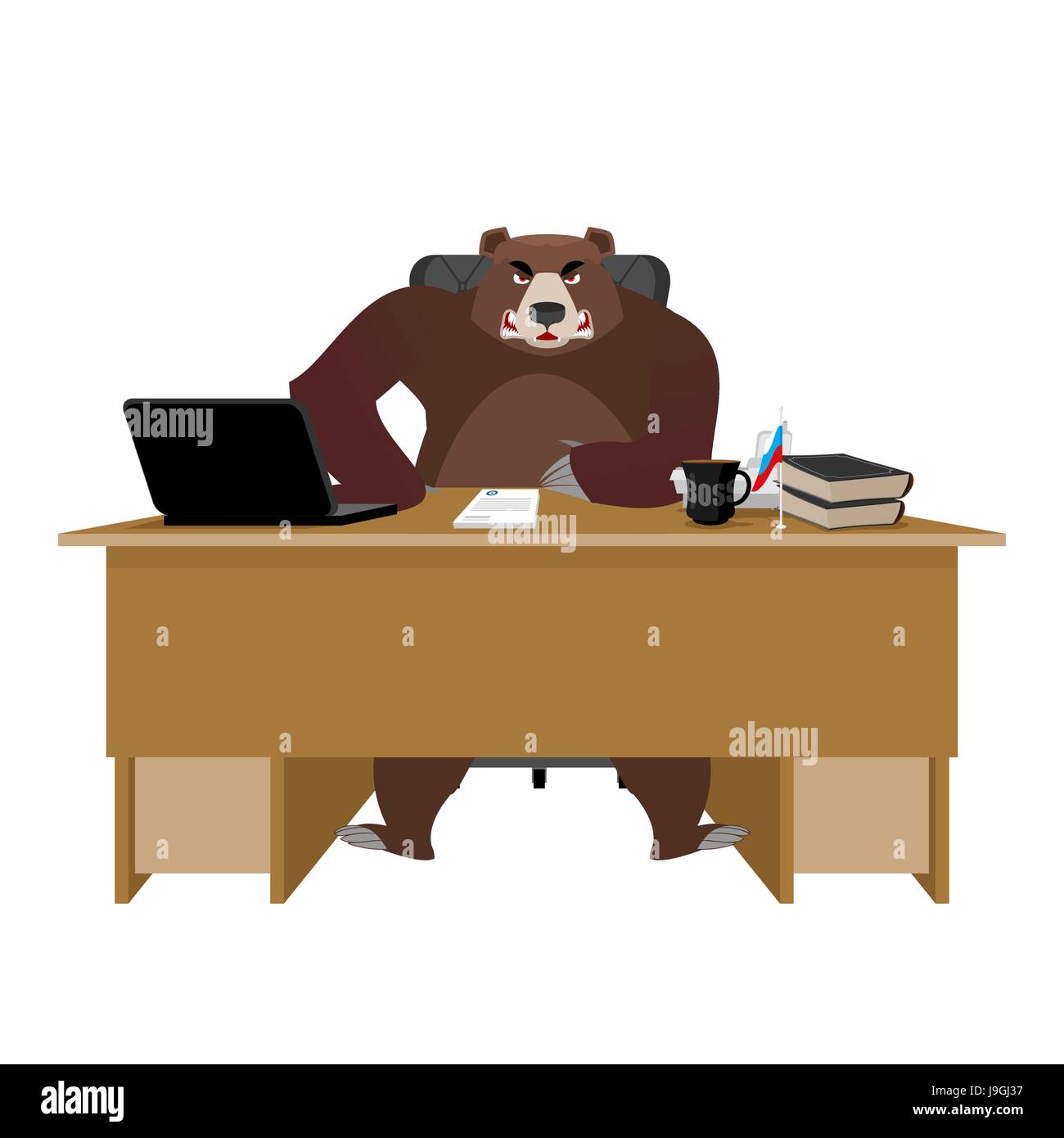 Bear sitting in an office. Russian boss at table. Businessman from Russia at desk. National folk chief. Beast  leader. Workplace supervisor. Director  Stock Vector