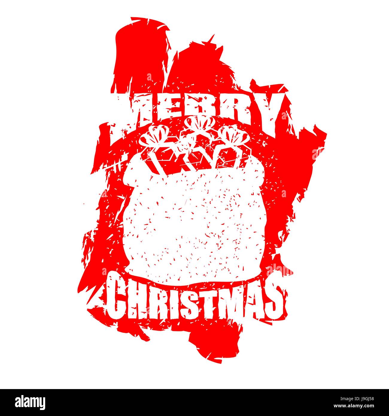 Santa Claus red bag in grunge style. Spray and scratches. Noise and brush strokes. Printing for New Year. Merry Christmas sack with gifts Stock Vector