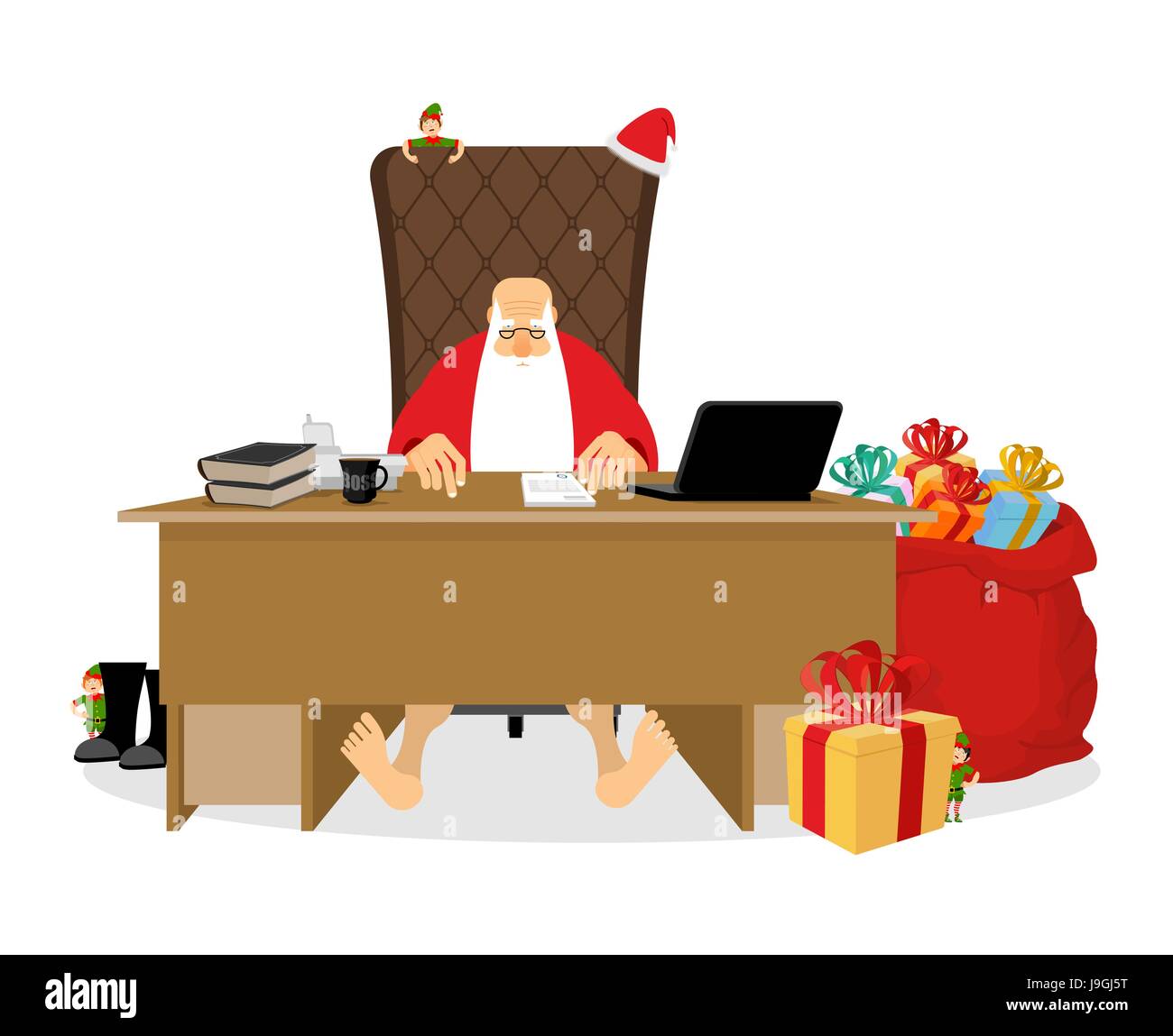 Santa Claus residence. Christmas big boss in Work office. Jobs and
