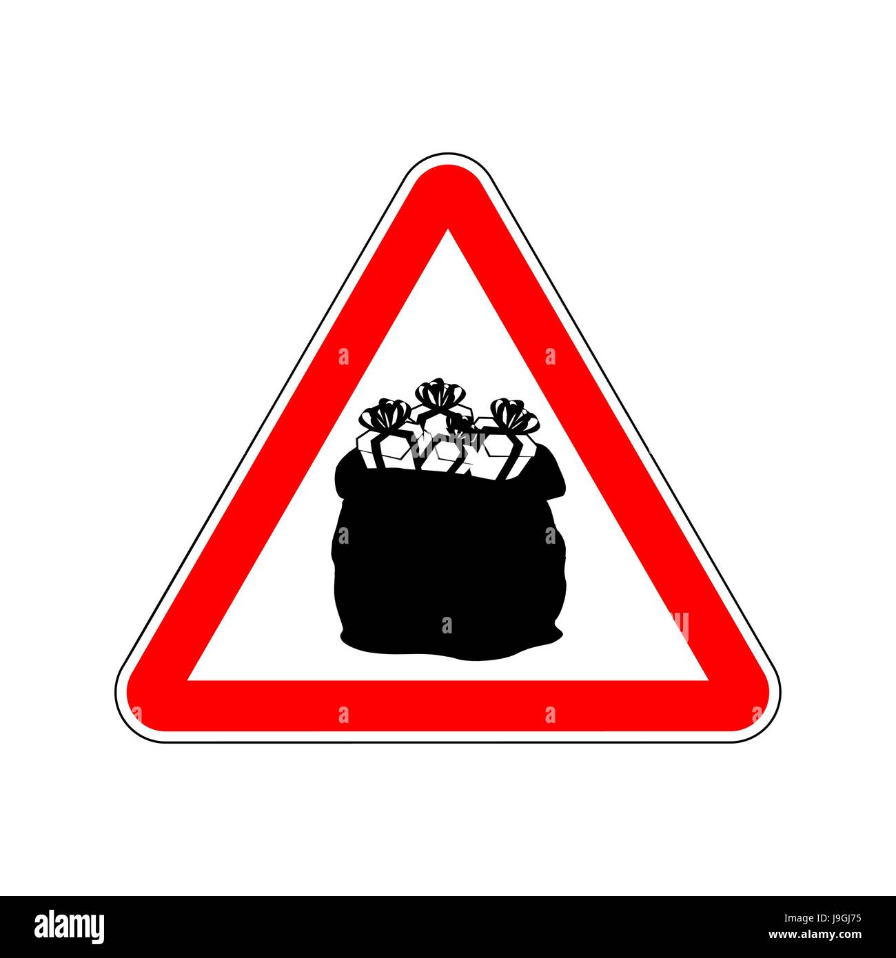 Warning sign attention Christmas gift. Dangers red sign. Santas bag