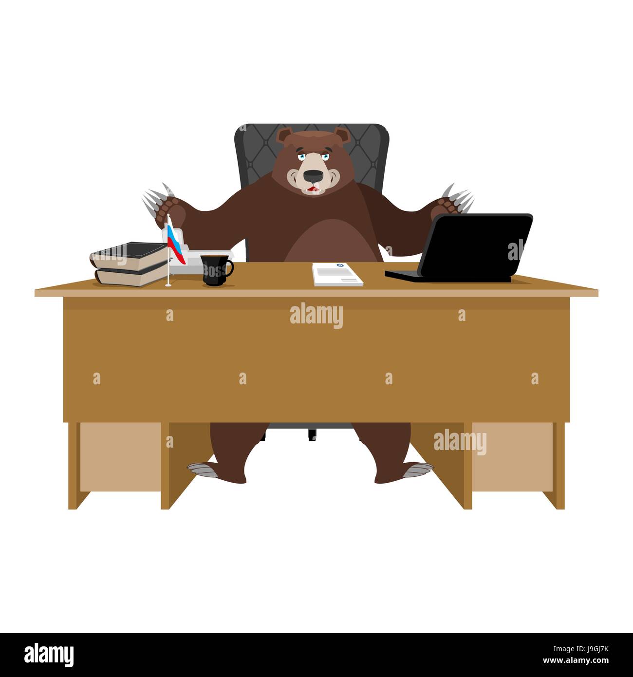 Russian boss. Bear sitting in an office. Businessman from Russia at desk. National folk chief. Beast  leader. Workplace supervisor. Director desktop.  Stock Vector