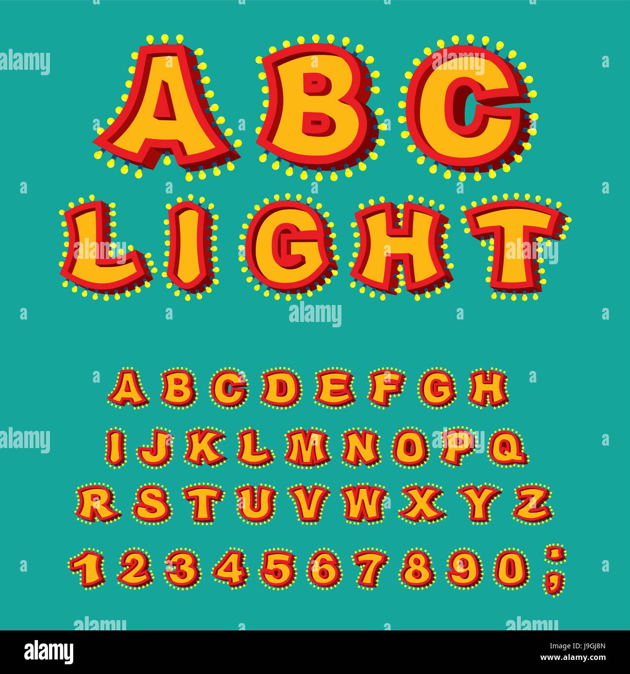 Light ABC. Retro Alphabet with lamps. Glowing letters. font pointer