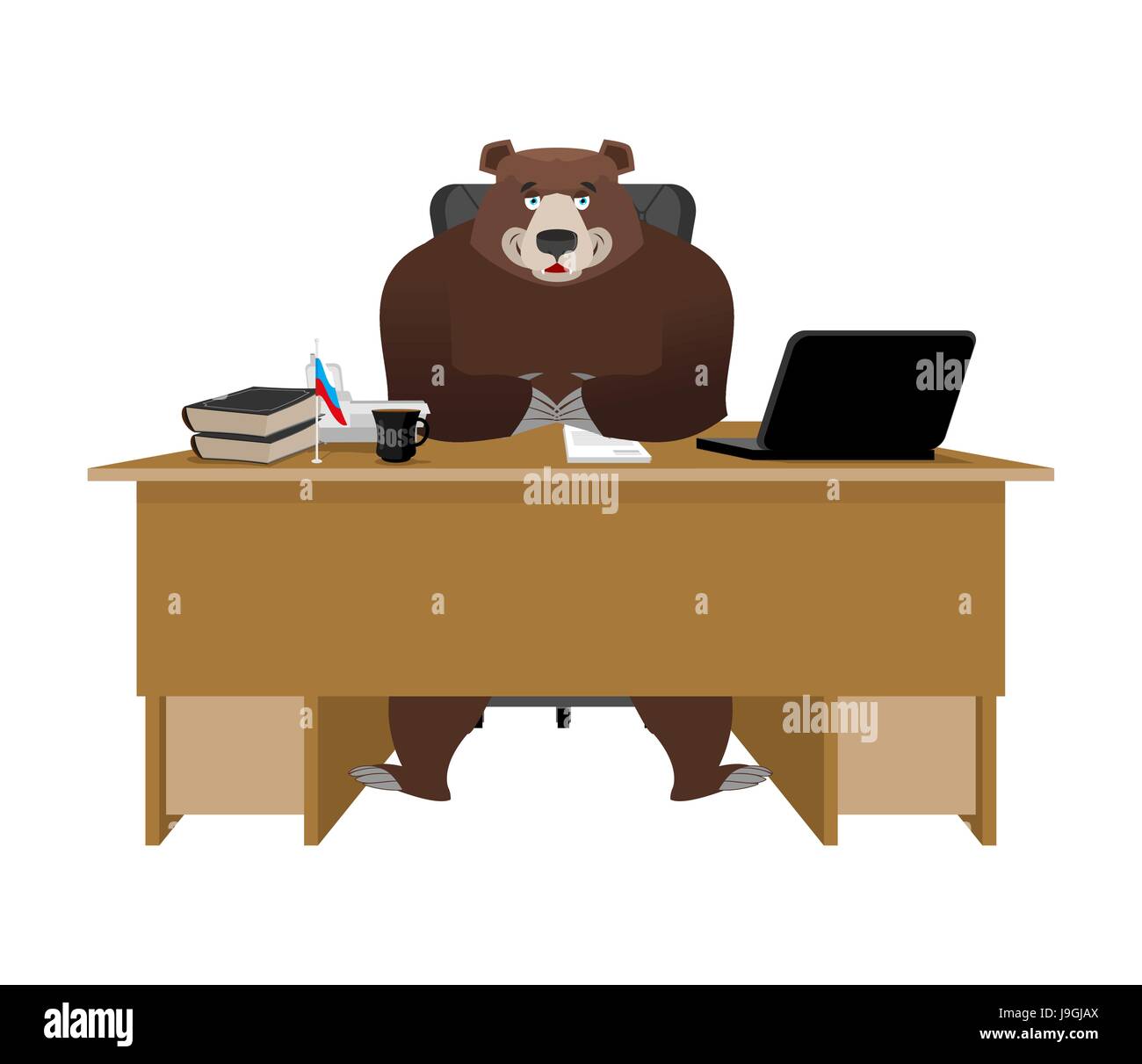 Businessman from Russia. Bear sitting in an office. Russian big boss at table. National folk chief. Beast leader. Workplace supervisor. Director deskt Stock Vector