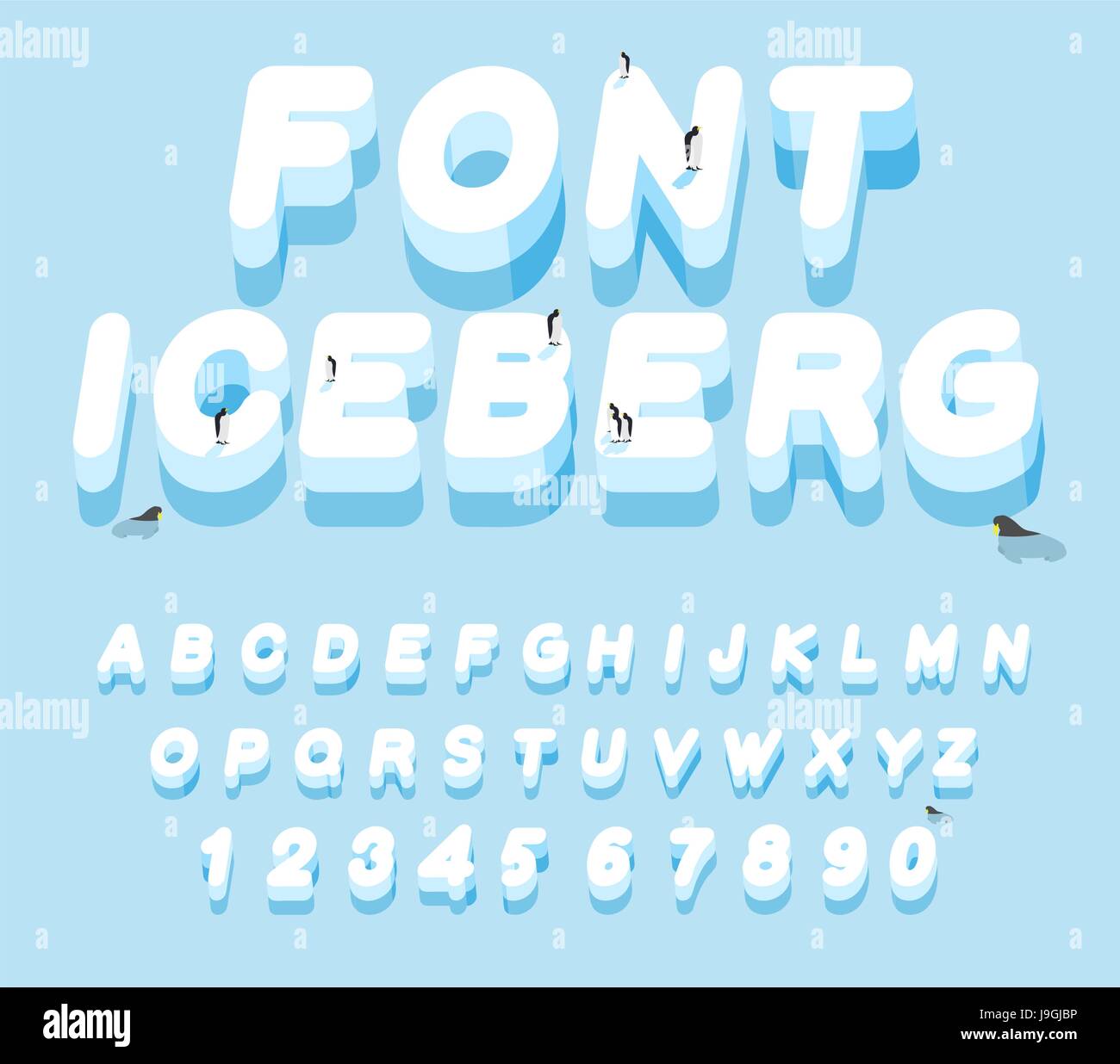 Iceberg font. 3D letters of ice. Ice alphabet letter. ABC of snow. Large cold ice. Penguins Animals of the Arctic. Animals Antarctica. Walruses and se Stock Vector