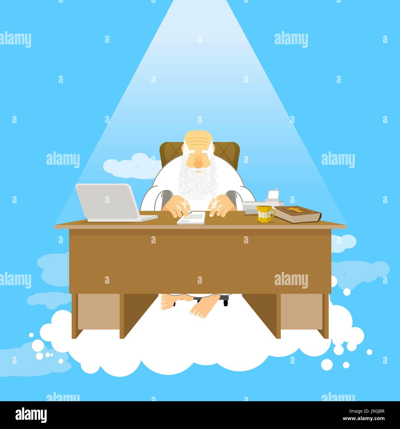 Boss of paradise. God job. Almighty of work place in heaven. Grandfather with beard at work. Holy of work desk. Laptop and phone. Cup of coffee and Bi Stock Vector