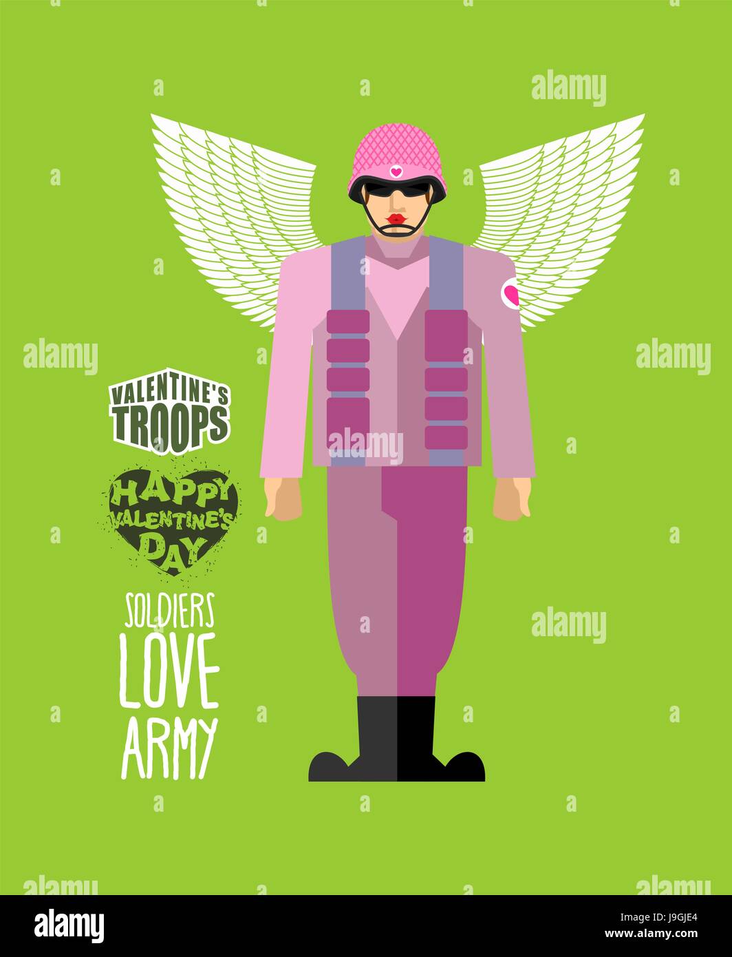 Soldiers love army. Cupid in uniform. Helmet and body armor. Military officer with wings. Valentines troops. Funny character for Valentines day on Feb Stock Vector