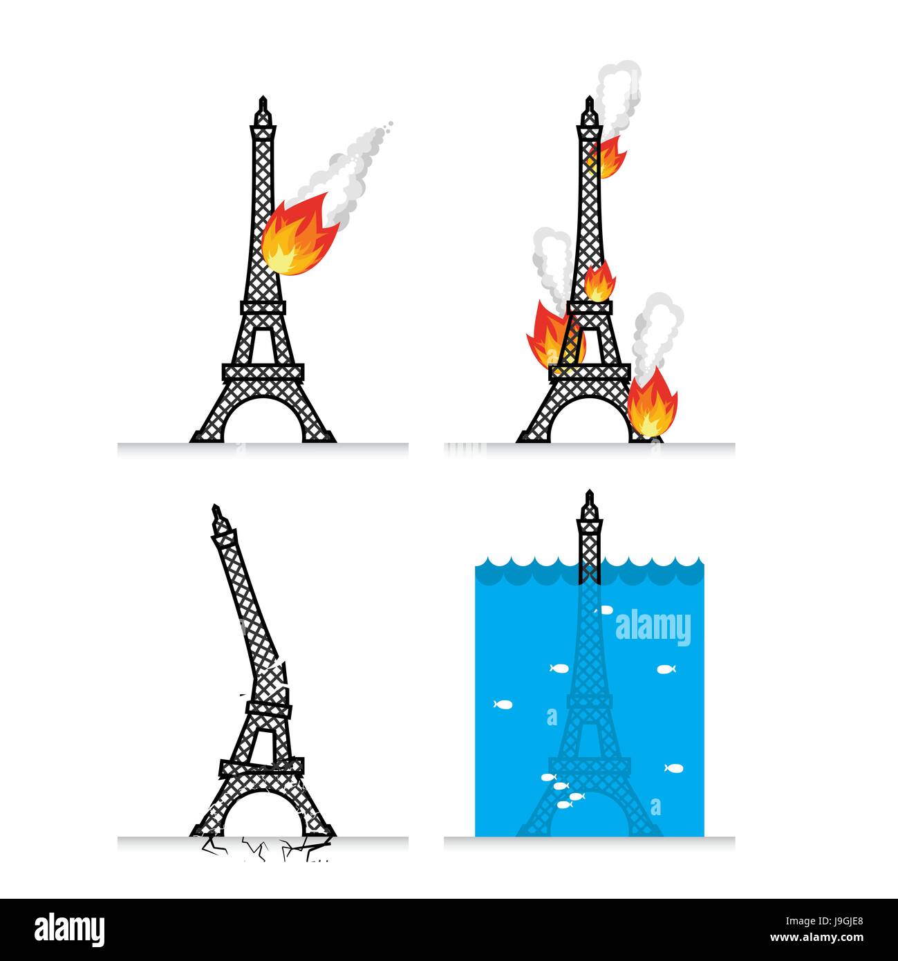 Destruction of Eiffel Tower in Paris. Meteorite flies symbol of France. Fire in sights. Lit Eiffel Tower. Natural disasters in France. Earthquake dest Stock Vector