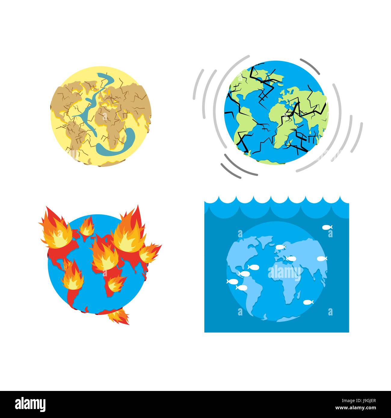 Apocalypse Types  end of world. Earth disasters. Set of catastrophes of Earth. Drought - Cracks in Earth. Earthquake- Faulting of  Earths crust. Destr Stock Vector