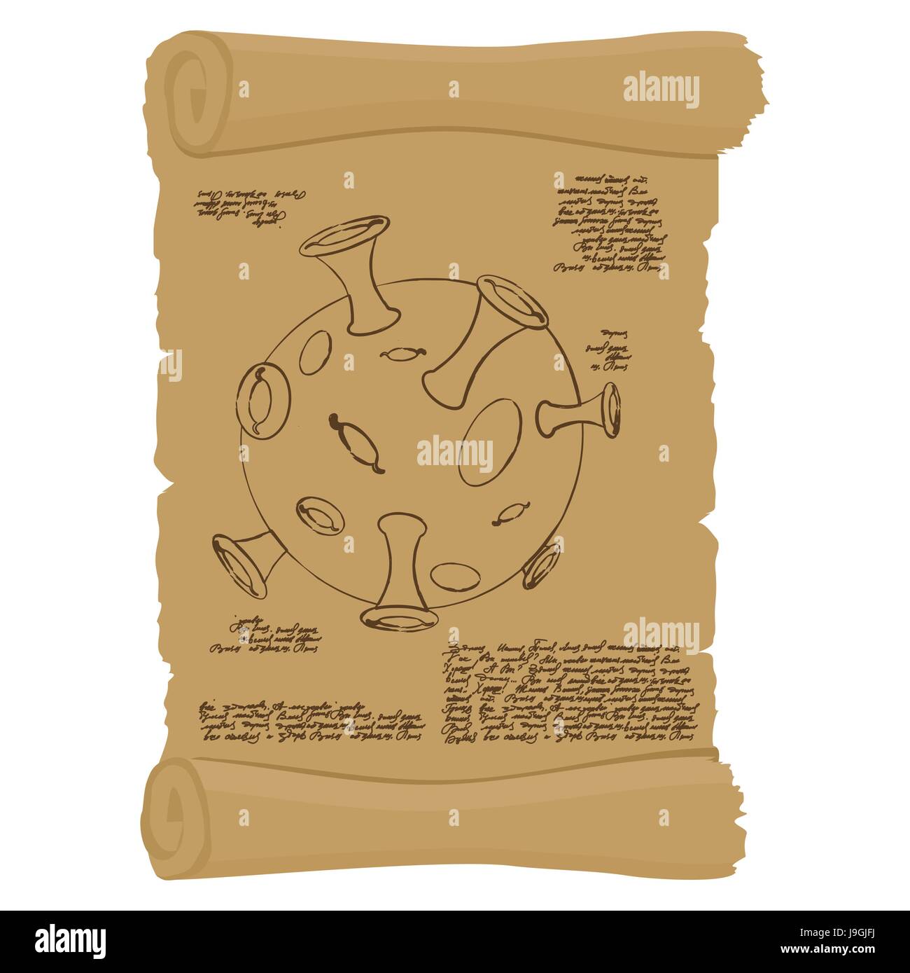 Ancient scroll with map of  moon. Old paper with Planet Moon. Antique parchment structure of  moon. Ancient space exploration. Space planet infographi Stock Vector