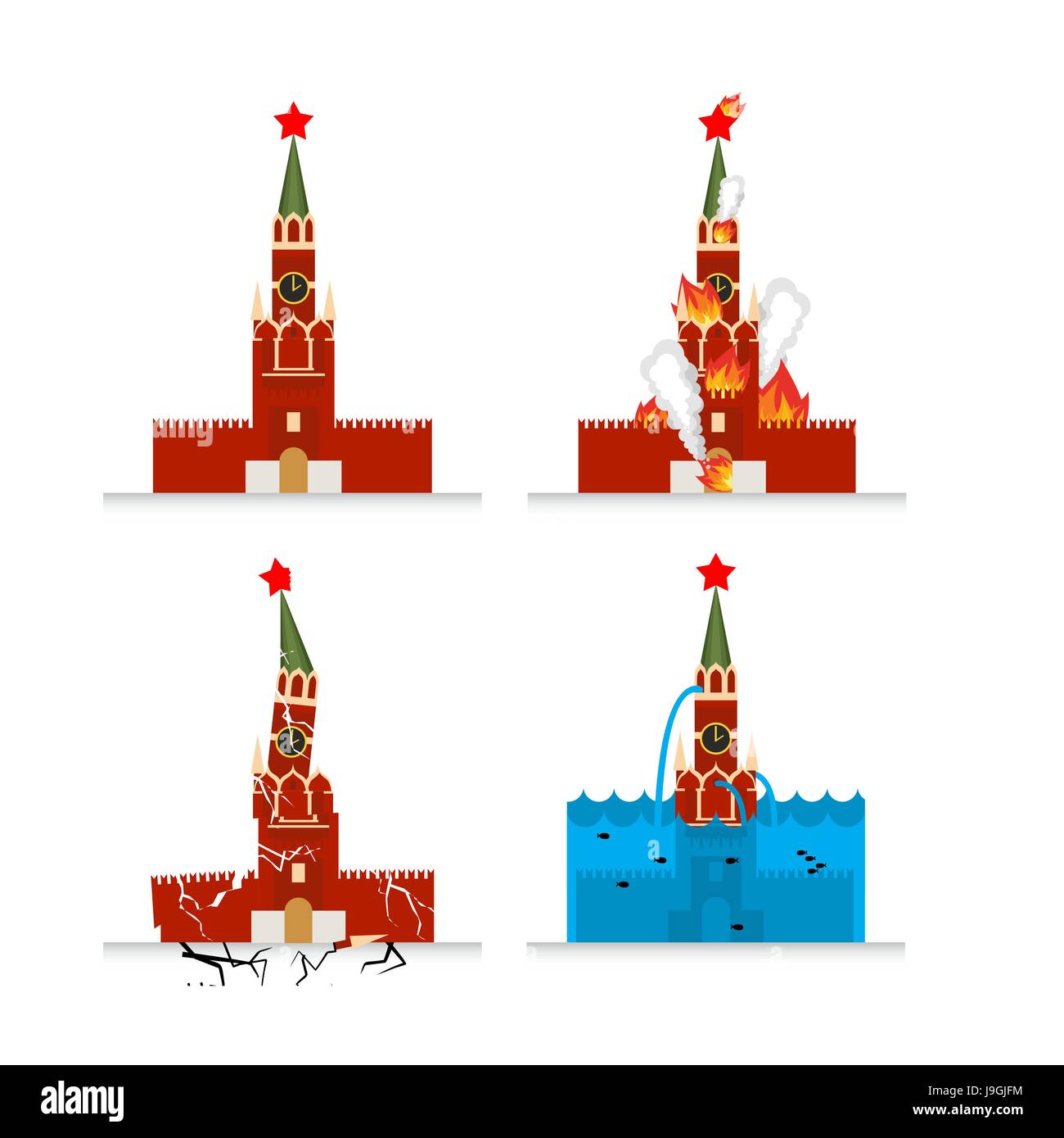Destruction of Moscow Kremlin. Meteorite flies symbol of Russia. Fire in sights. Tower of Kremlin. Natural disasters in Russia. Earthquake destroyed M Stock Vector
