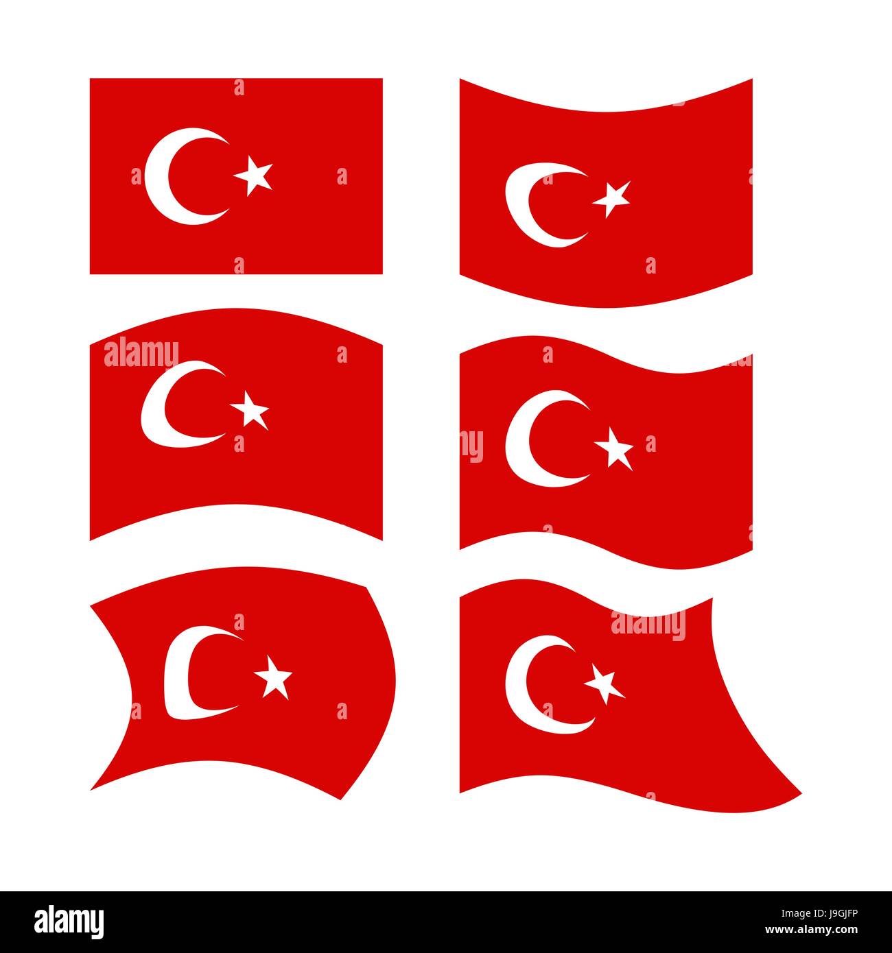 Flag of Turkey. Set  national flag of Turkish State. Developing red flag with month and star. Stock Vector