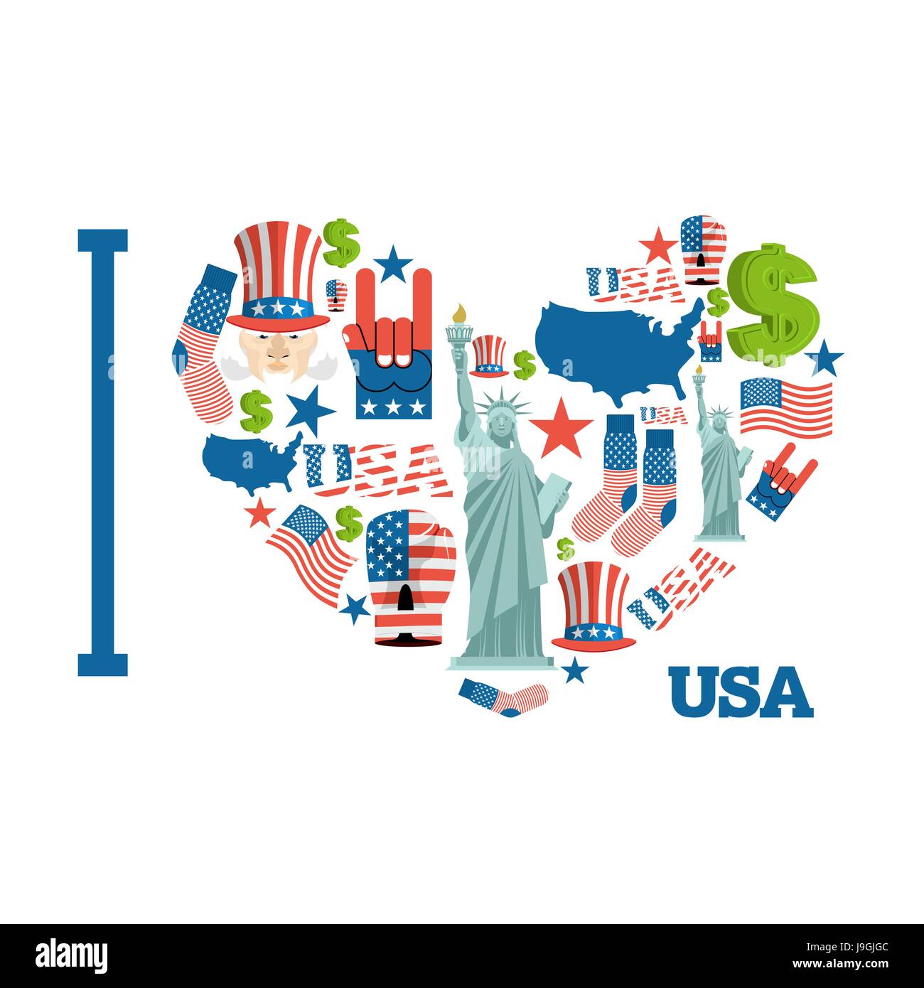 I love America. Sign heart of USA traditional folk characters. Map of country and United States flag. Statue of Liberty and Uncle Sam. Dollar and star Stock Vector